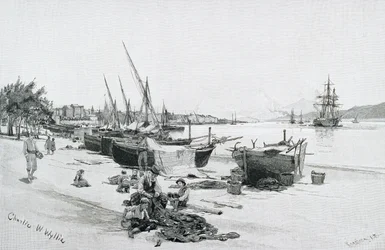 Die Straße von Messina mit dem Ätna in der Ferne, Italien, aus 